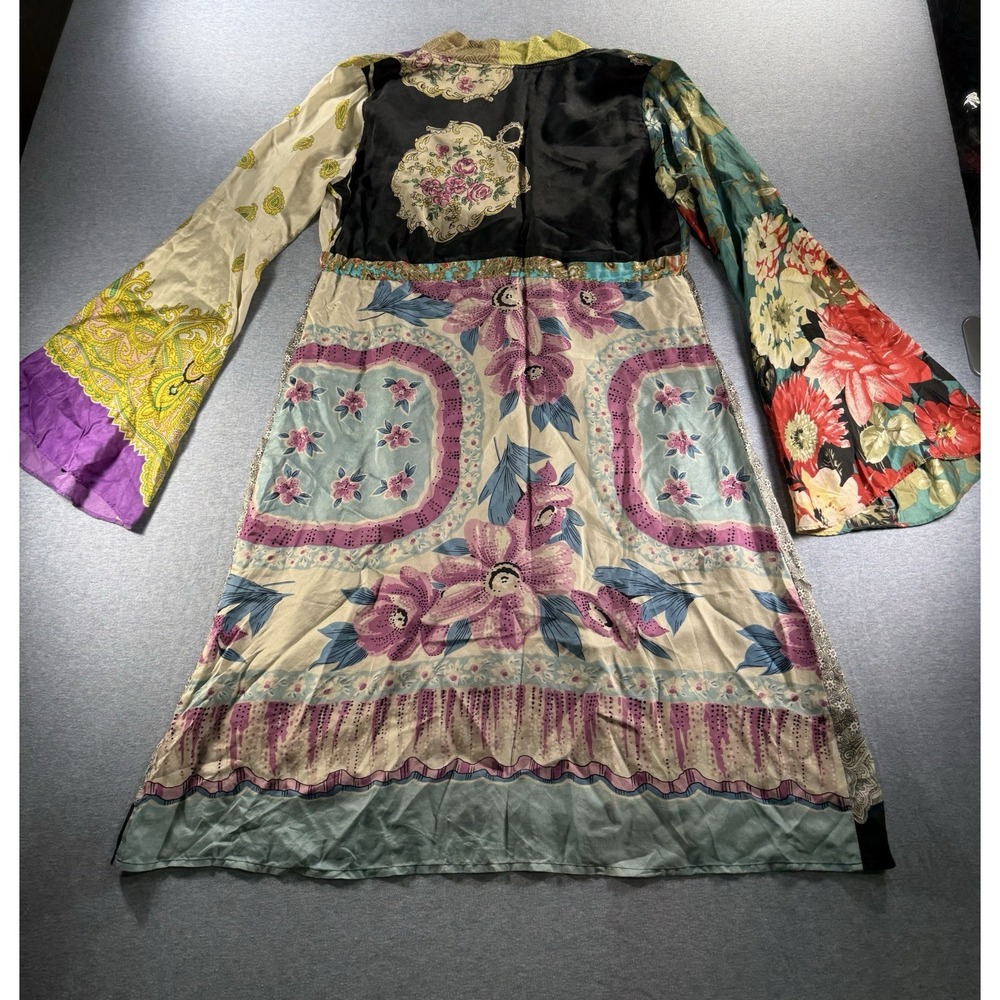 RARE 100% Silk Patchwork Tunic Dress Boho Bell Sleeve Italy Size 44 Medium - Picture 3 of 11